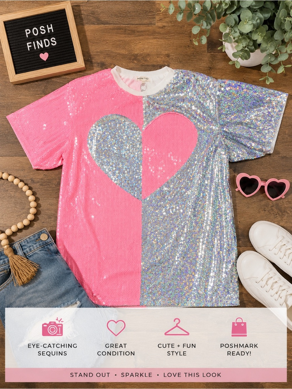 Sequin Heart Colorblock Tee - Pink & Iridescent -